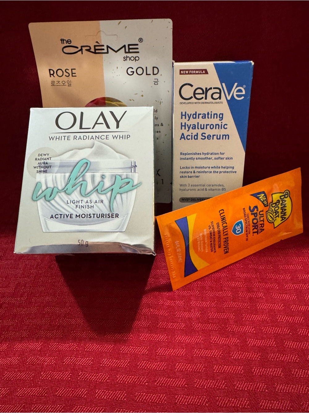 OLAY White Radiance Whip Moisturizer, Cerave hydrating serum, Crème face mask…